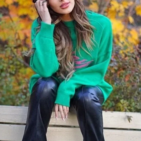 WAY TO GO graphic green pink long sleeve knit sweater top - Picture 2 of 10